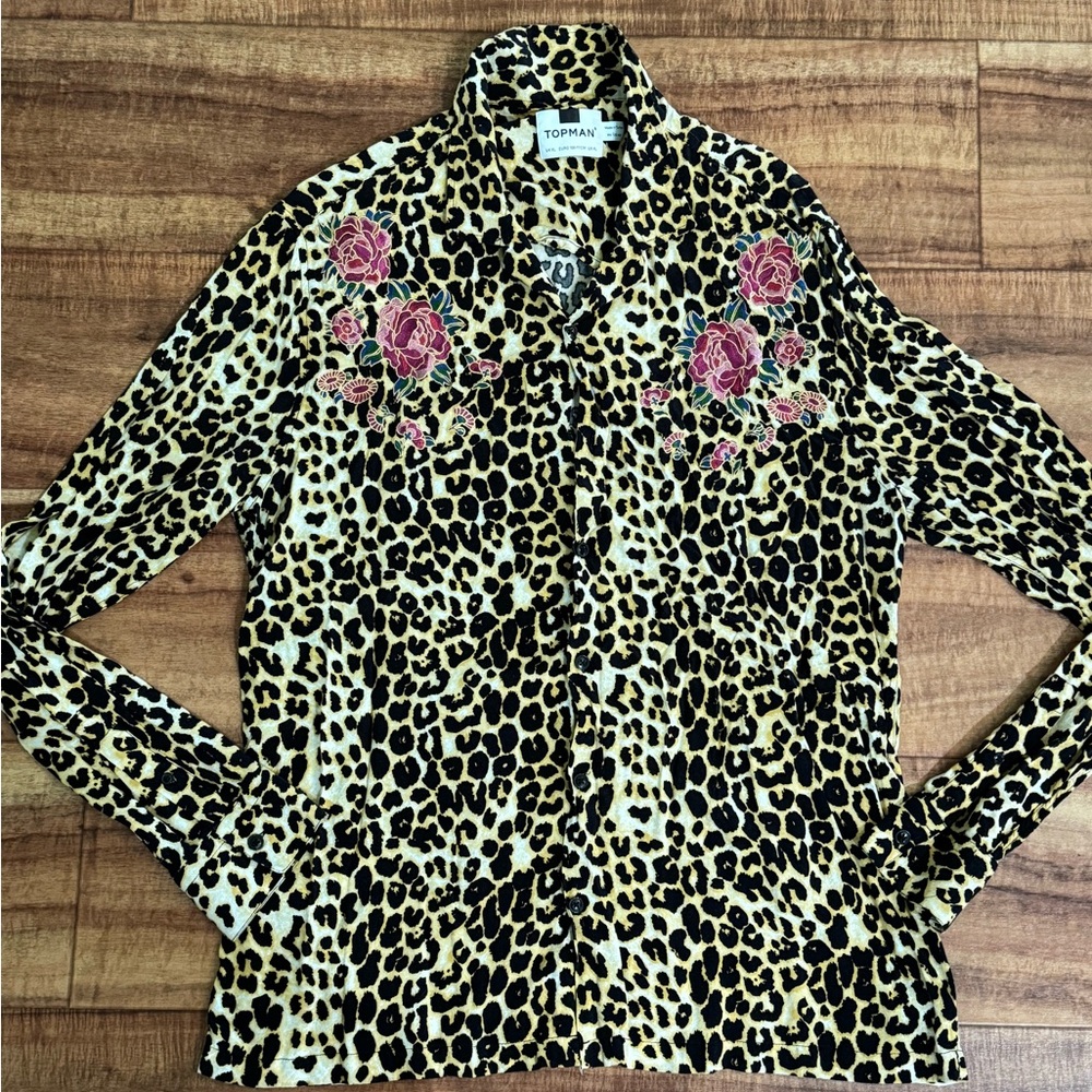 Topman Leopard Print shirt with Floral Embroidery